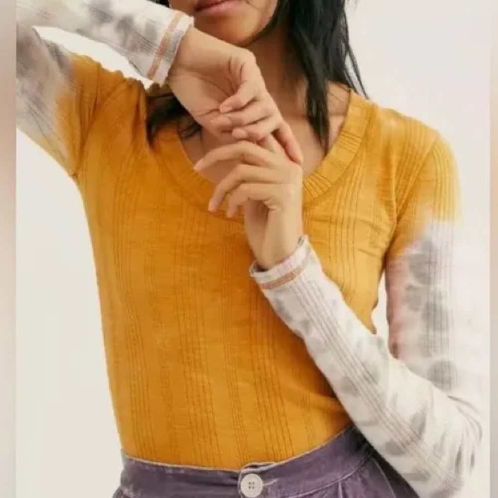 Free People Golden Yellow and Tie-Dye Long Sleeve Top